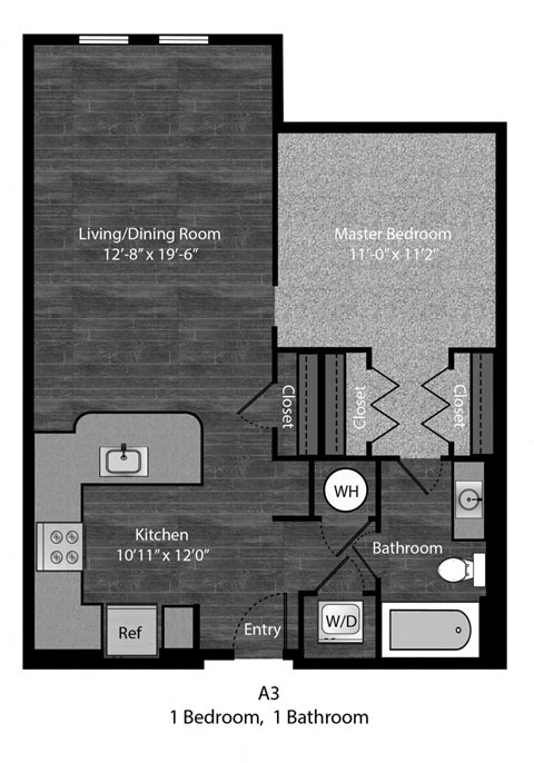 Floor plan for 1 bed, 1 bath, 715 sqft